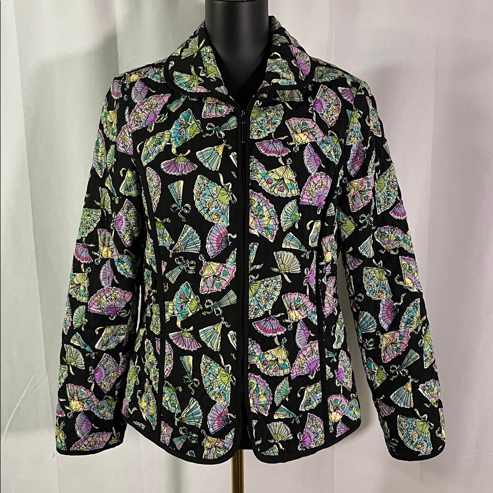 R.Q.T Black Multicolor Japanese Fan Print Lightweight Quilted Zip Front Jacket